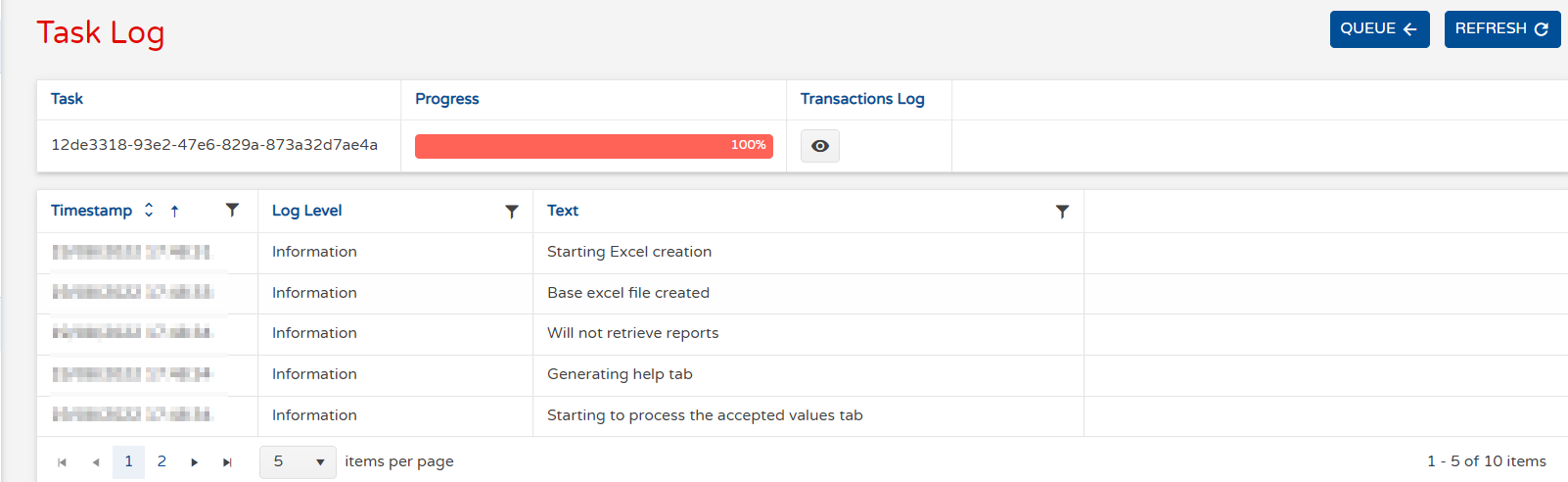 Transactions log screen